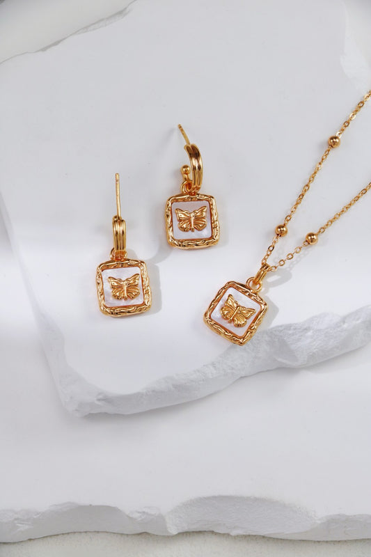 S925 Silver Vintage Gold White Shell Butterfly Earrings